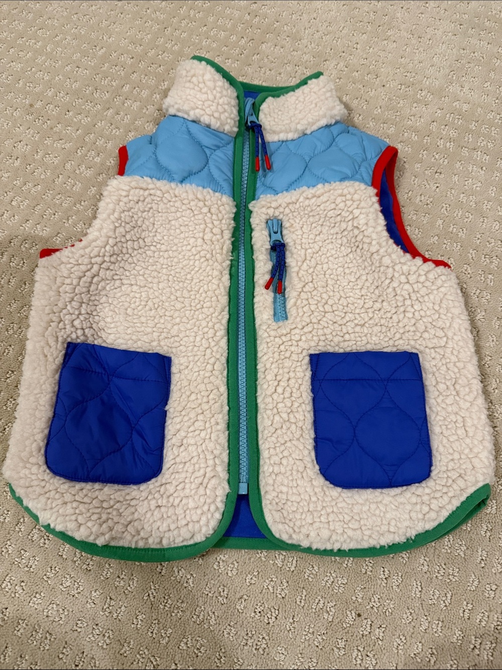 Boden Kids Cream Sherpa Vest with Blue and Green Trim